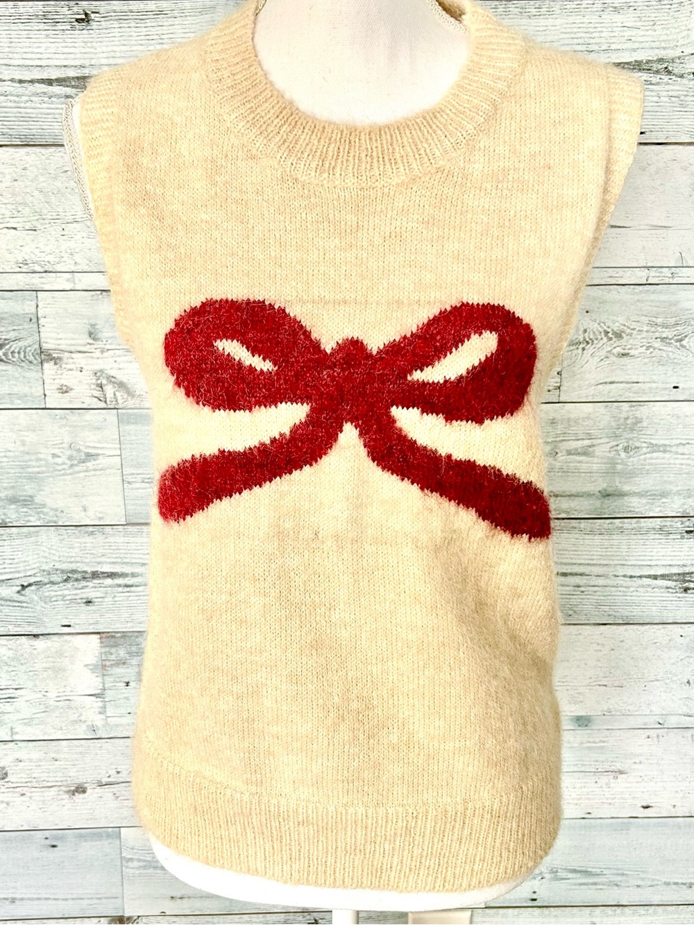 Cream Knit Sleeveless Sweater Vest with Red Bow